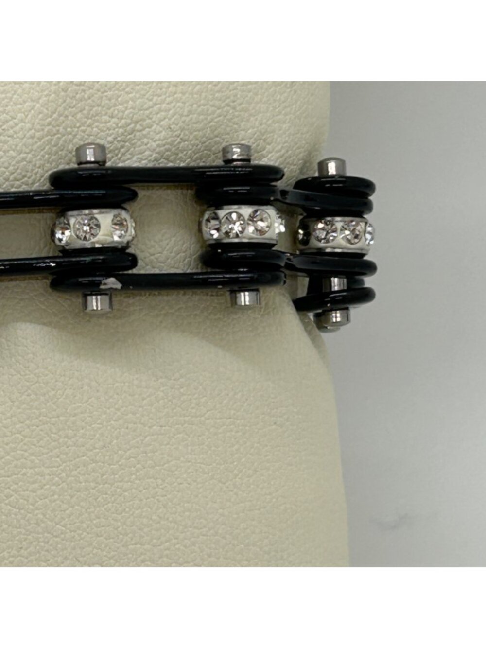 Black Stainless Steel Motorcycle Bike Chain Bracelet With Rhinestone Studs - Picture 6 of 11